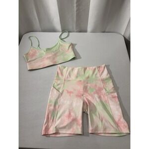 Fabletics PureLuxe Sports Bra &Bike Shorts Set Size Medium Pink/Lime Active Yoga